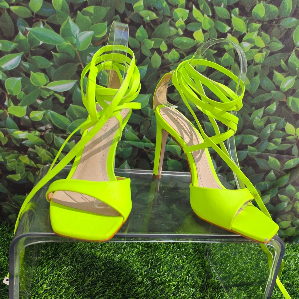 Schutz Bryce Neon Acid Yellow Lace Up Square Toe Stiletto Sandals Heels 7B